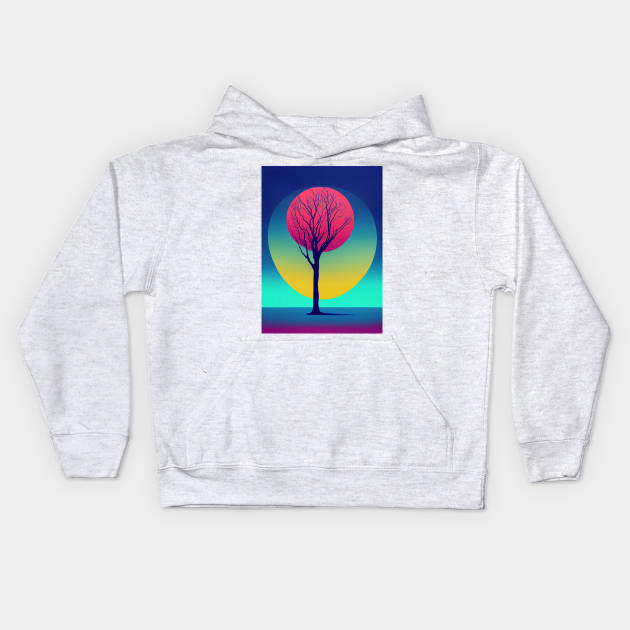 Abstract Pink Full Moon Whimsical Minimalist Lonely Tree Bright Colorful Nature Poster Art of a Leafless Tree Kids Hoodie by JensenArtCo